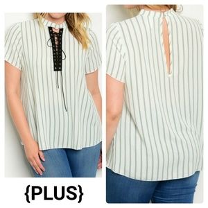 [Last 1!] LAST DAY White Blouse Green Striped